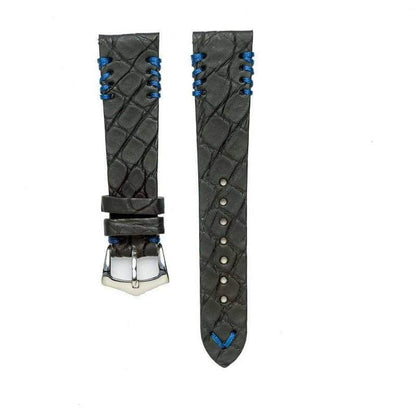 Black Rubberized Crocodile Watch Strap Blue Tribal Stitches - 20mm