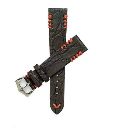 Black Rubberized Crocodile Watch Strap Red Tribal Stitches - 20mm