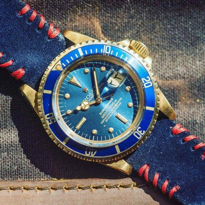 Blue Suede Watch Strap Red Tribal Stitches