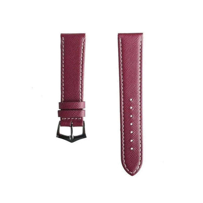 Burgundy Saffiano Folded Edge White Stitches Watch Strap