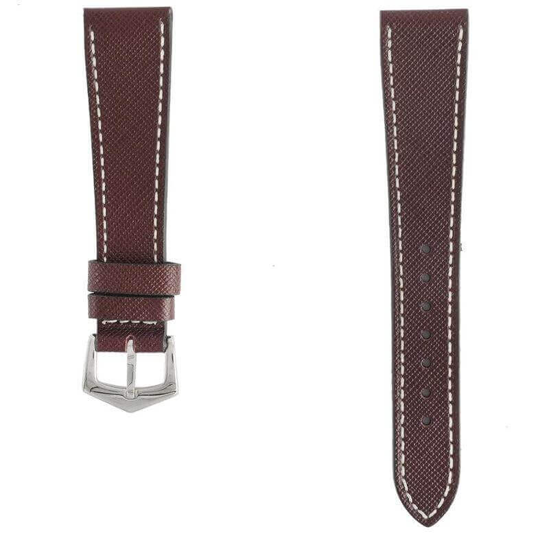 Burgundy Saffiano Leather White Stitches Watch Strap