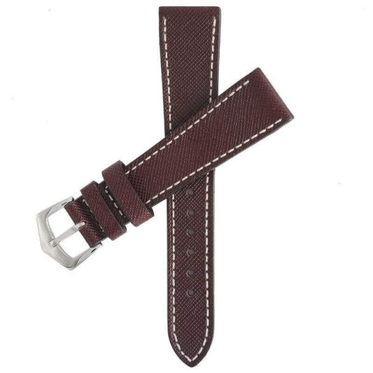 Burgundy Saffiano Leather White Stitches Watch Strap