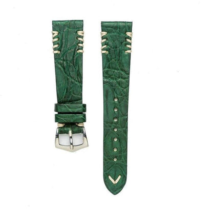 Green Rubberized Crocodile Watch Strap Ecru Tribal Stitches - 20mm