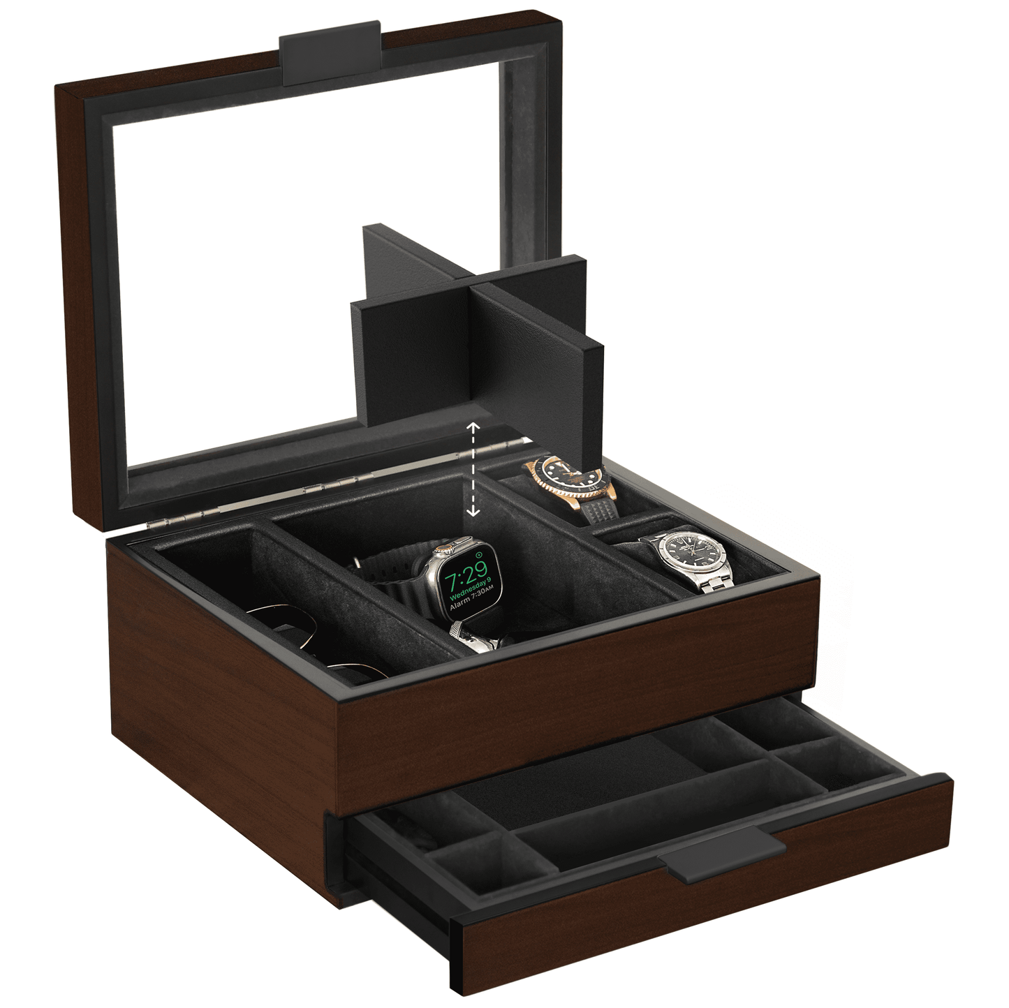 8-Slot Brown Watch Display Box with Velvet Lining and Glass Top