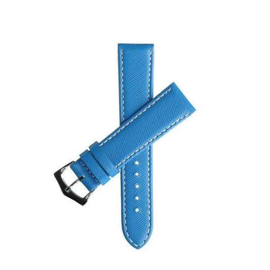 Light Blue Saffiano Folded Edge White Stitches Watch Strap