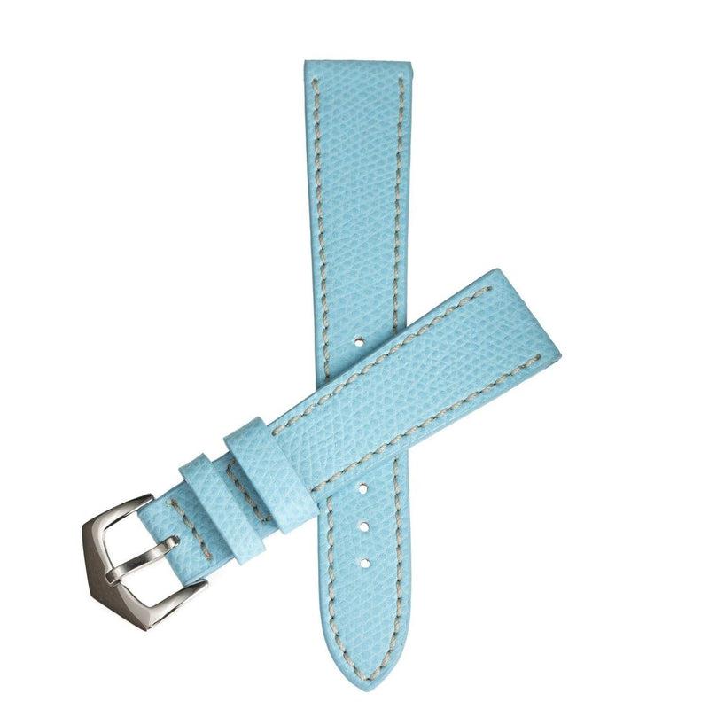 Light Blue Hammered Calfskin Ecru Stitches Watch strap