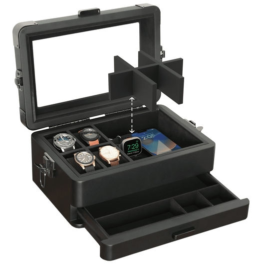 10-Slot Black Watch Box with Modular Storage & Accessory Drawer