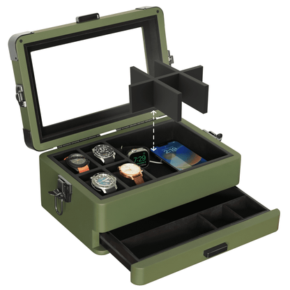 10-Slot Green Watch Box with Modular Storage & Accessory Drawer