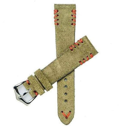 Military Green Suede Vintage Watch Strap Tribal Red Stitches