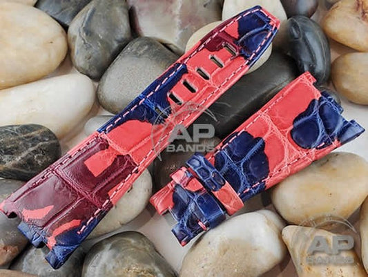 Capolavoro Camo Red Blue Alligator Leather Strap For Audemars Piguet Royal Oak Offshore 26470 42mm