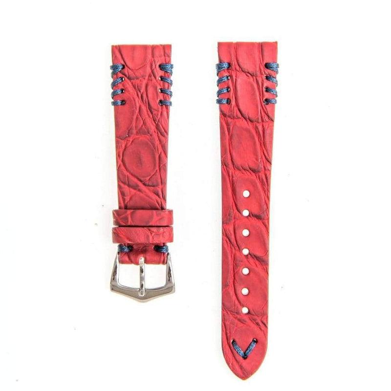 Red Rubberized Crocodile Watch Strap Blue Tribal Stitches - 20mm