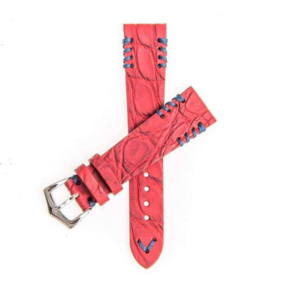 Red Rubberized Crocodile Watch Strap Blue Tribal Stitches - 20mm