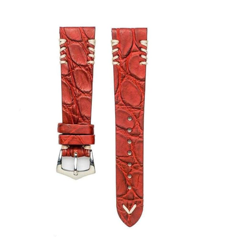 Red Rubberized Crocodile Watch Strap White Tribal Stitches - 20mm