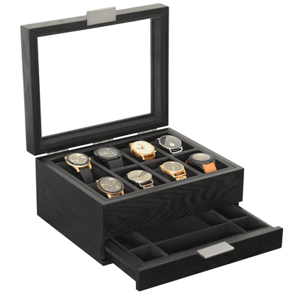 8-Slot Black Watch Storage Display Box with Velvet Lining and Glass Top