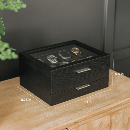 8-Slot Black Watch Storage Display Box with Velvet Lining and Glass Top