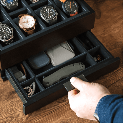 8-Slot Black Watch Storage Display Box with Velvet Lining and Glass Top