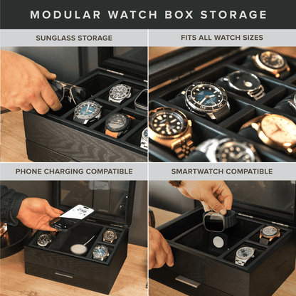 8-Slot Black Watch Storage Display Box with Velvet Lining and Glass Top