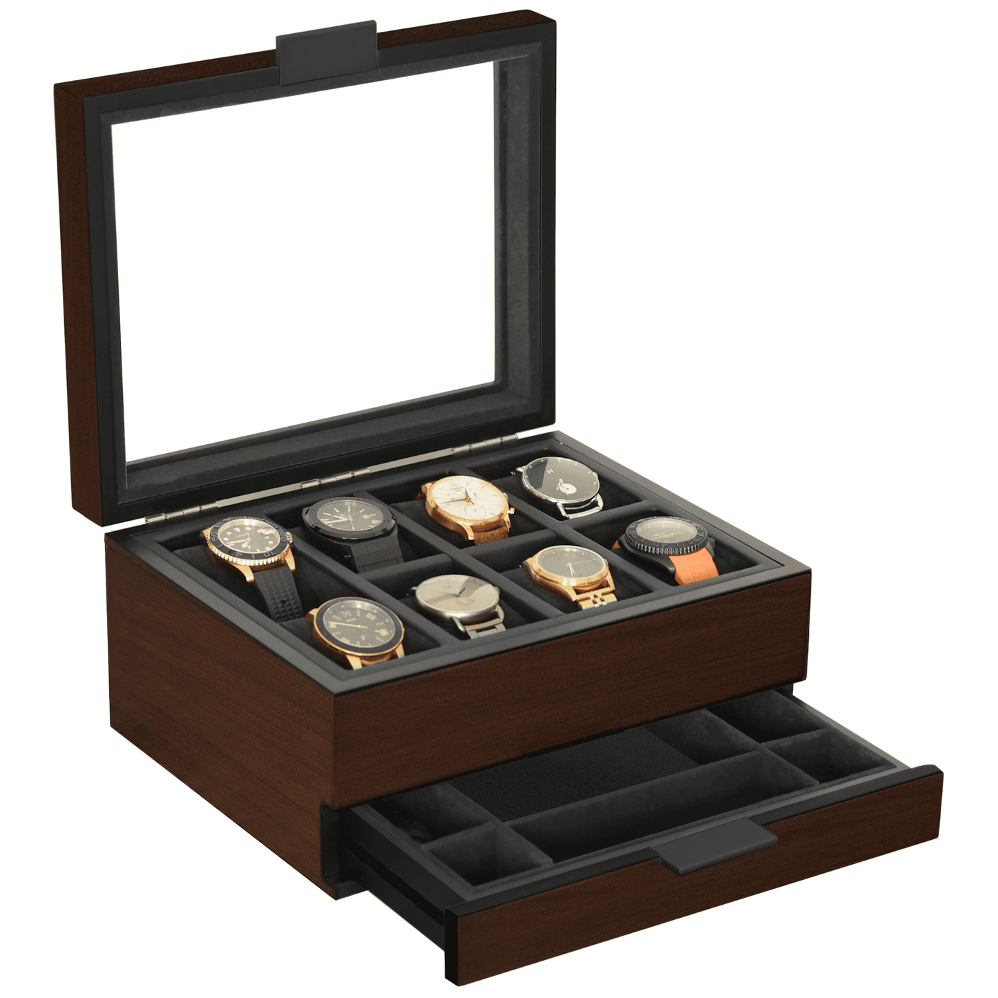 8-Slot Brown Watch Display Box with Velvet Lining and Glass Top