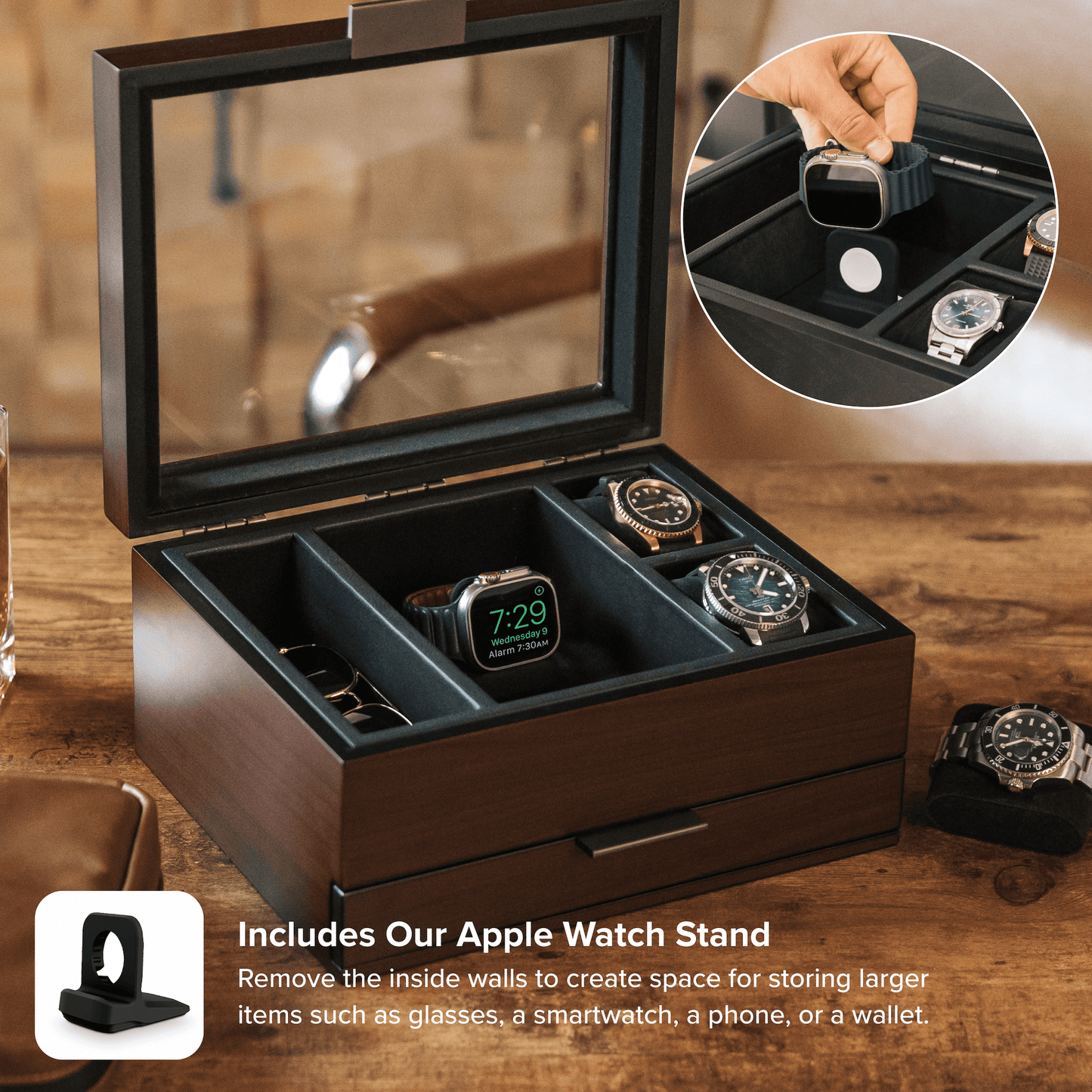 8-Slot Brown Watch Display Box with Velvet Lining and Glass Top