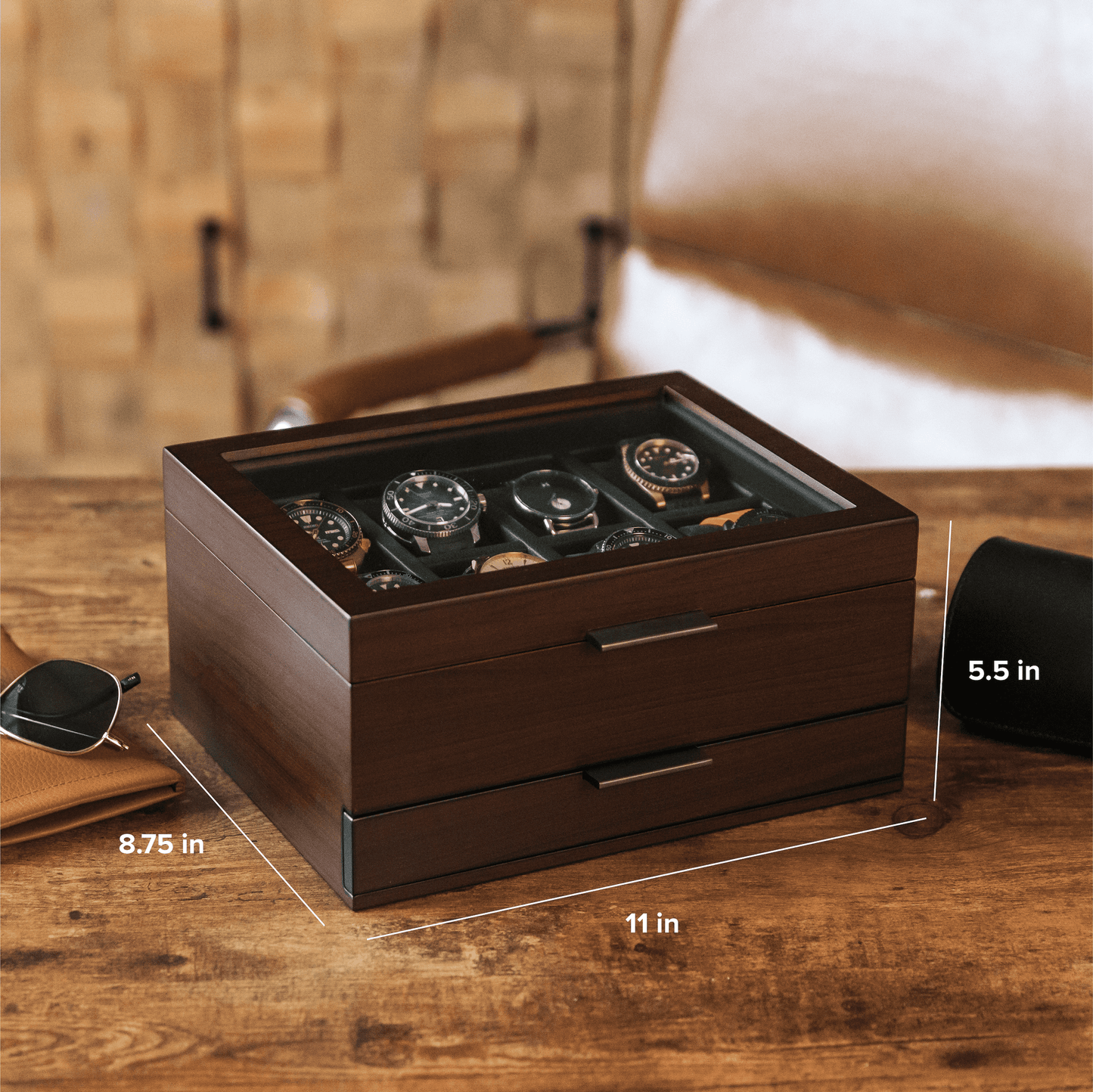 8-Slot Brown Watch Display Box with Velvet Lining and Glass Top