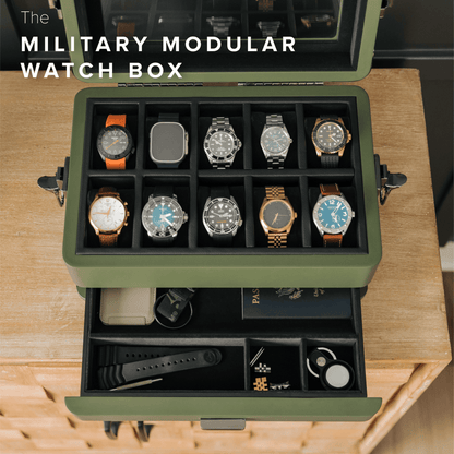 10-Slot Green Watch Box with Modular Storage & Accessory Drawer