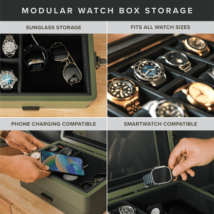 10-Slot Green Watch Box with Modular Storage & Accessory Drawer