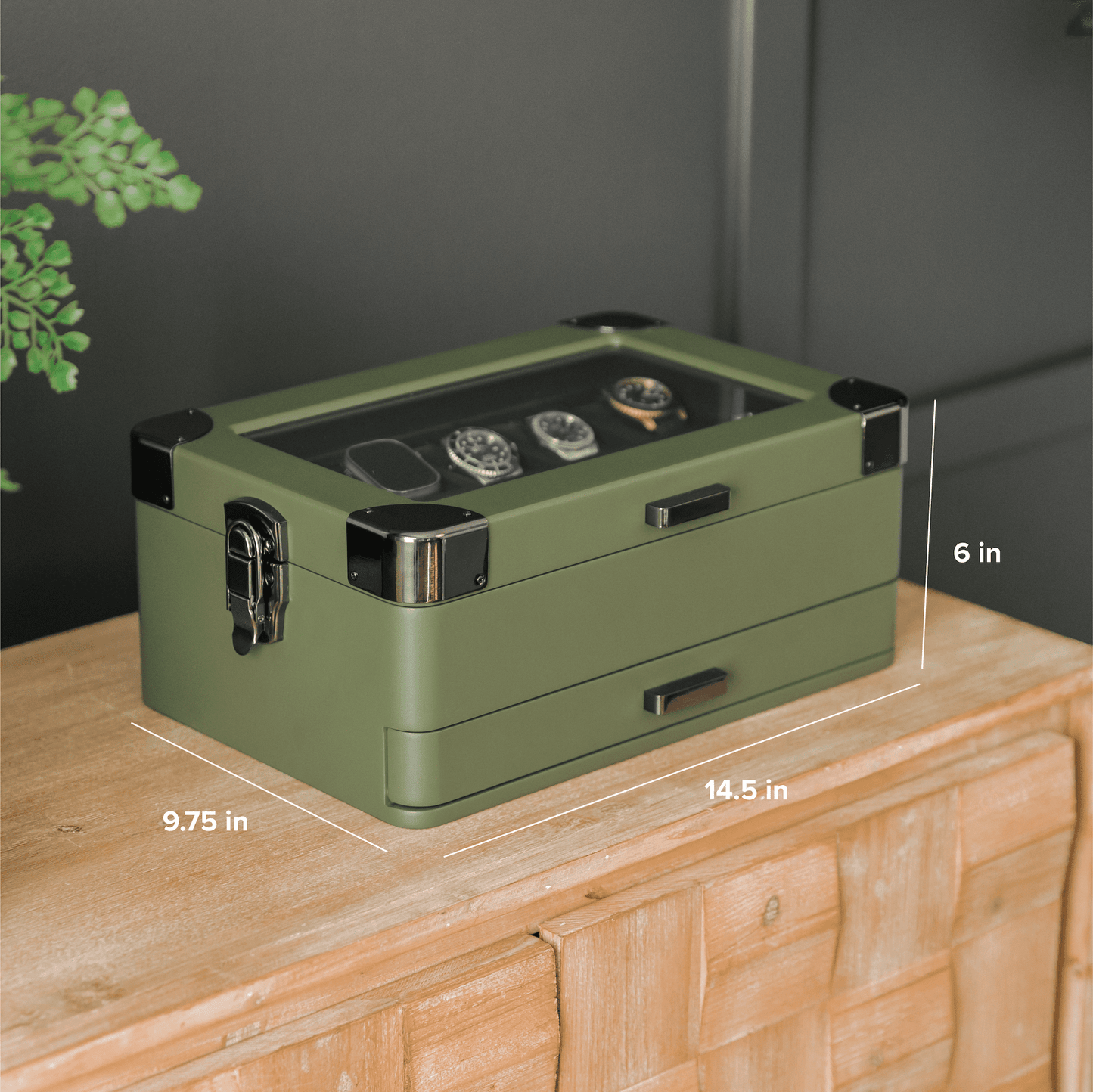 10-Slot Green Watch Box with Modular Storage & Accessory Drawer