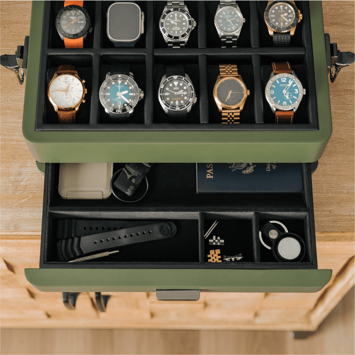 10-Slot Green Watch Box with Modular Storage & Accessory Drawer