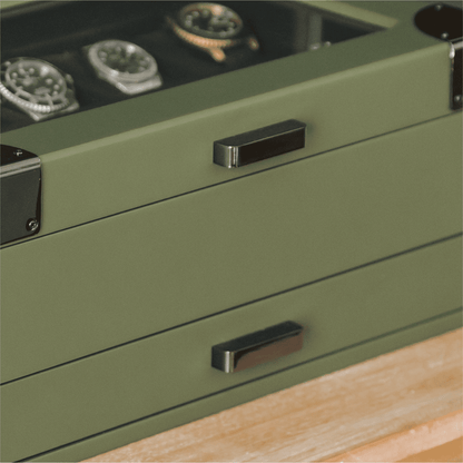 10-Slot Green Watch Box with Modular Storage & Accessory Drawer