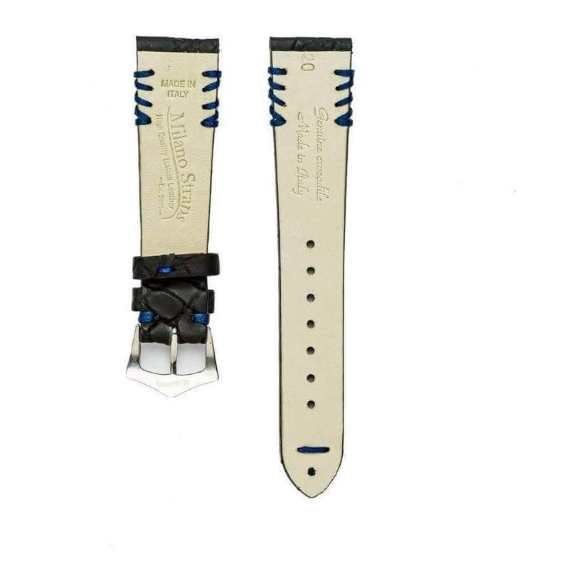 Black Rubberized Crocodile Watch Strap Blue Tribal Stitches - 20mm