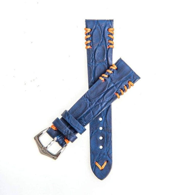 Blue Rubberized Crocodile Watch Strap Orange Tribal Stitches