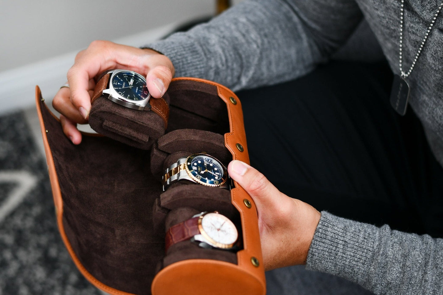 Tawny Brown Full-grain Cow Leather Watch Roll - 3 Watches