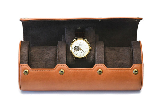 Tawny Brown Full-grain Cow Leather Watch Roll - 3 Watches