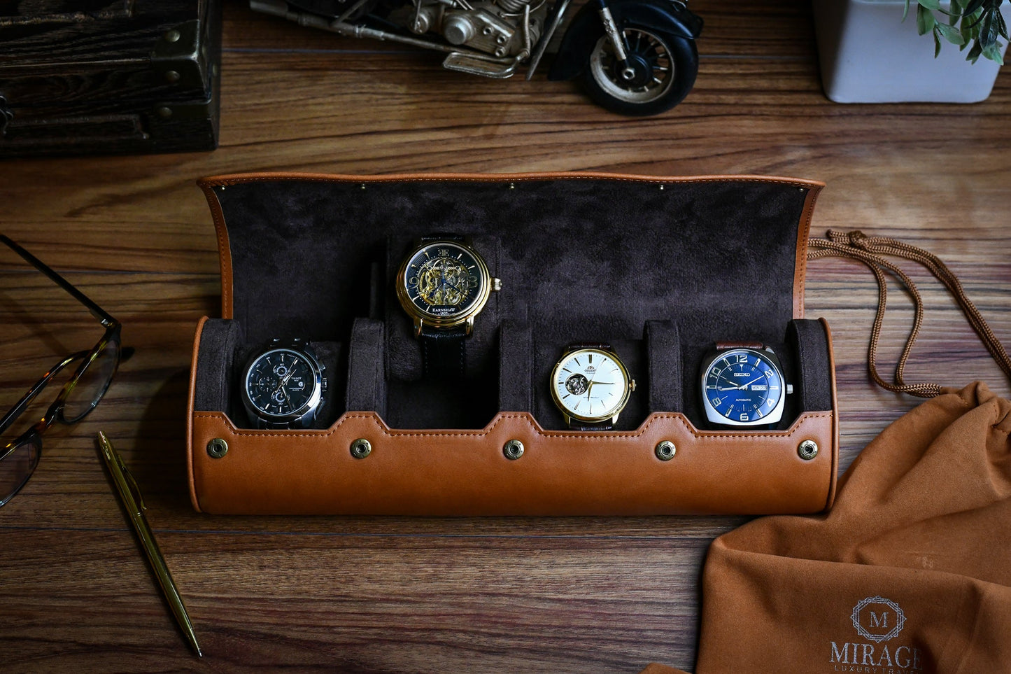 Tawny Brown Cow Full-grain Leather Watch Roll - 4 Watches