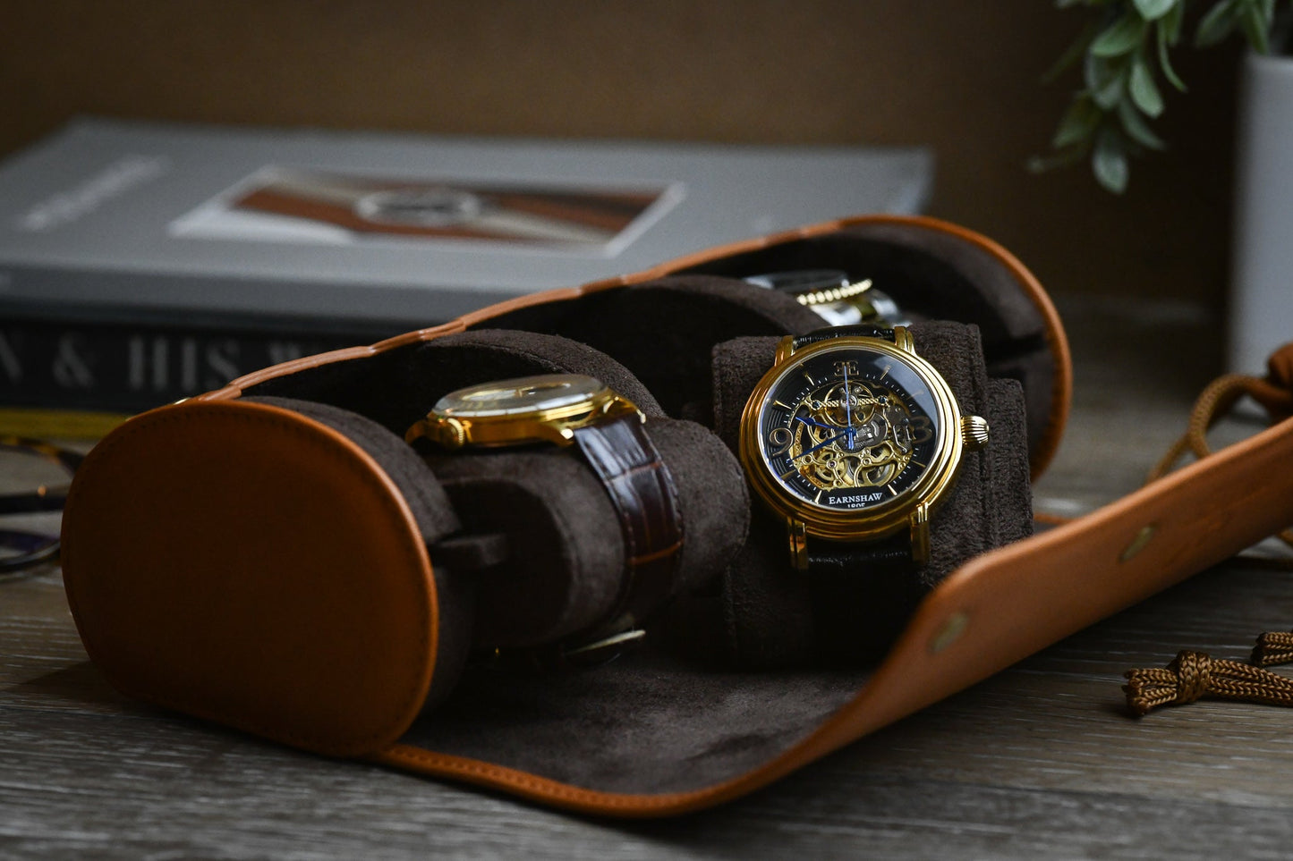 Tawny Brown Full-grain Cow Leather Watch Roll - 3 Watches