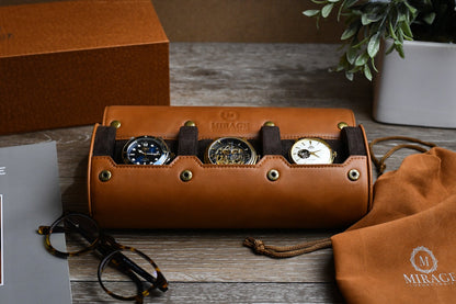 Tawny Brown Full-grain Cow Leather Watch Roll - 3 Watches