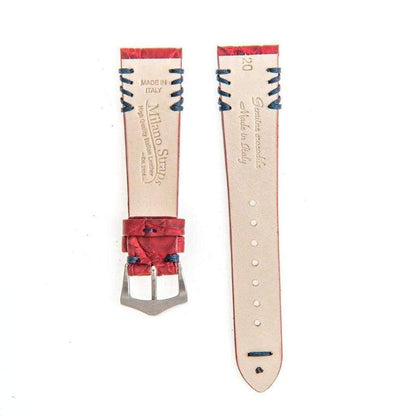 Red Rubberized Crocodile Watch Strap Blue Tribal Stitches - 20mm