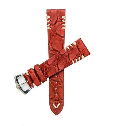 Red Rubberized Crocodile Watch Strap White Tribal Stitches - 20mm