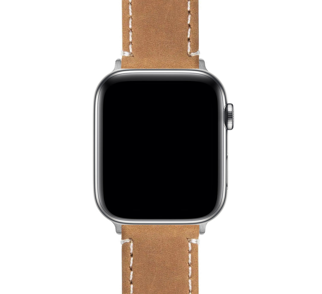 Light Brown Leather Apple Watch Band White Stitching BARTON