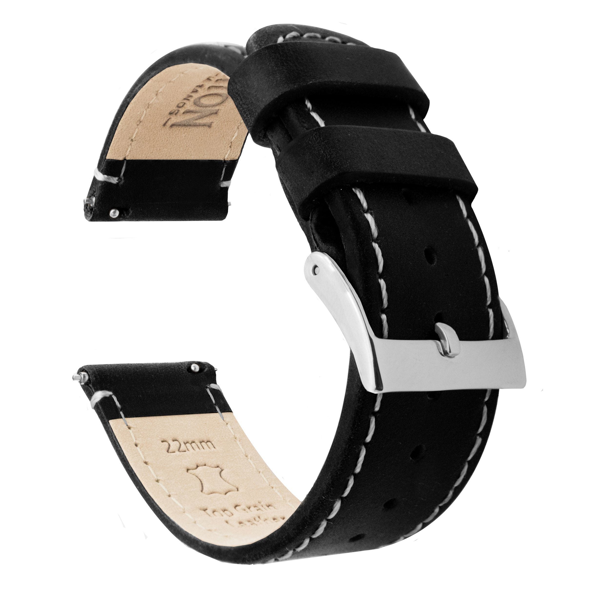 Moto 360 Black Leather White Sticthing Quick Release Watch Band