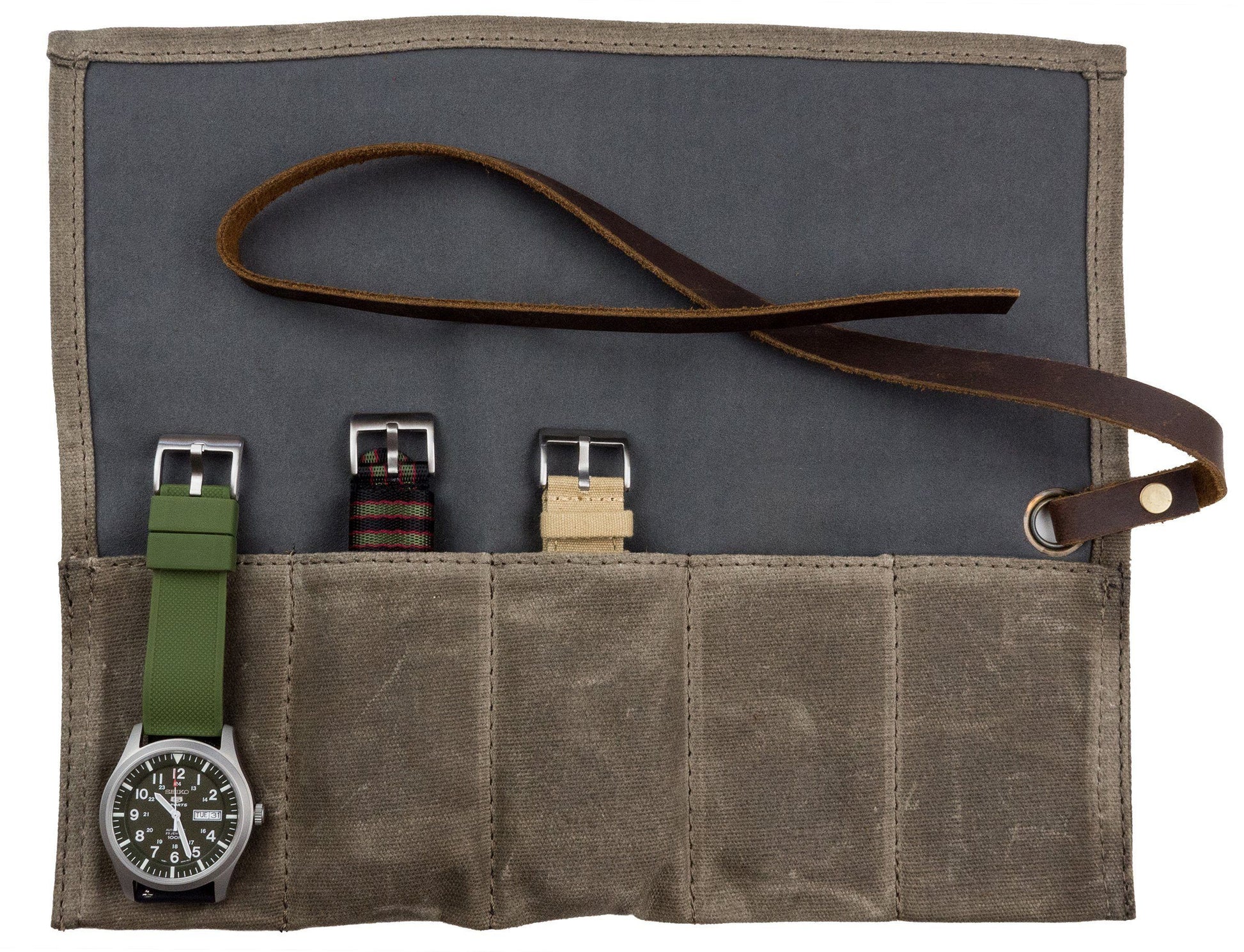 Barton Watch Roll - Brown Recycled Leather Watch Travel Case & Watch Band Storage - 3 Watch Case